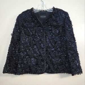 Rena Lange Women's Cropped Navy Blue Tweed Style Sequin Blazer, Size 12 ~ EUC